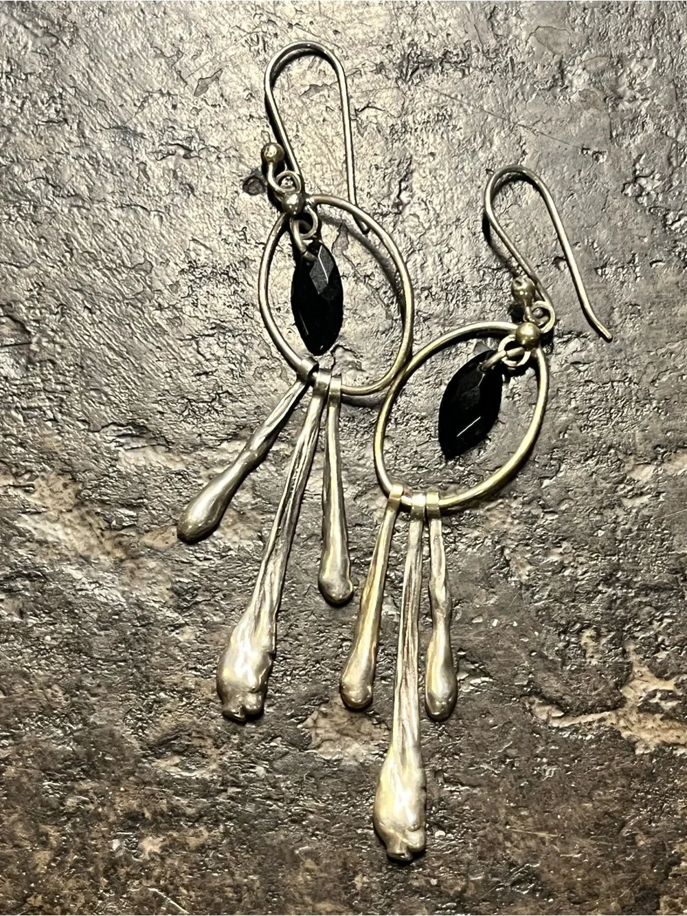 Handcrafted Sterling silver black gemstone dangle earrings silver stick fringe